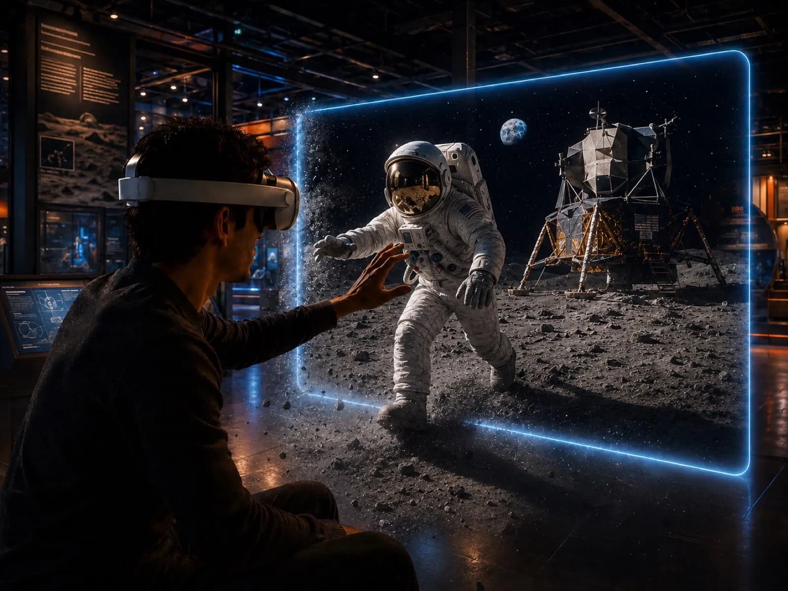 A museum visitor wearing a VR headset reaches into a 3D moon-landing scene projected in the gallery