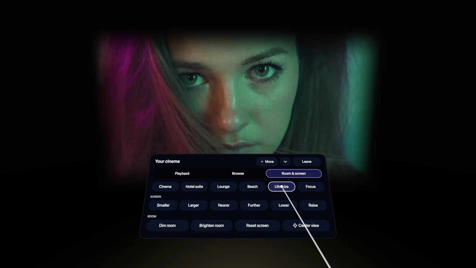 Life-size mode without a screen, with the menu open
