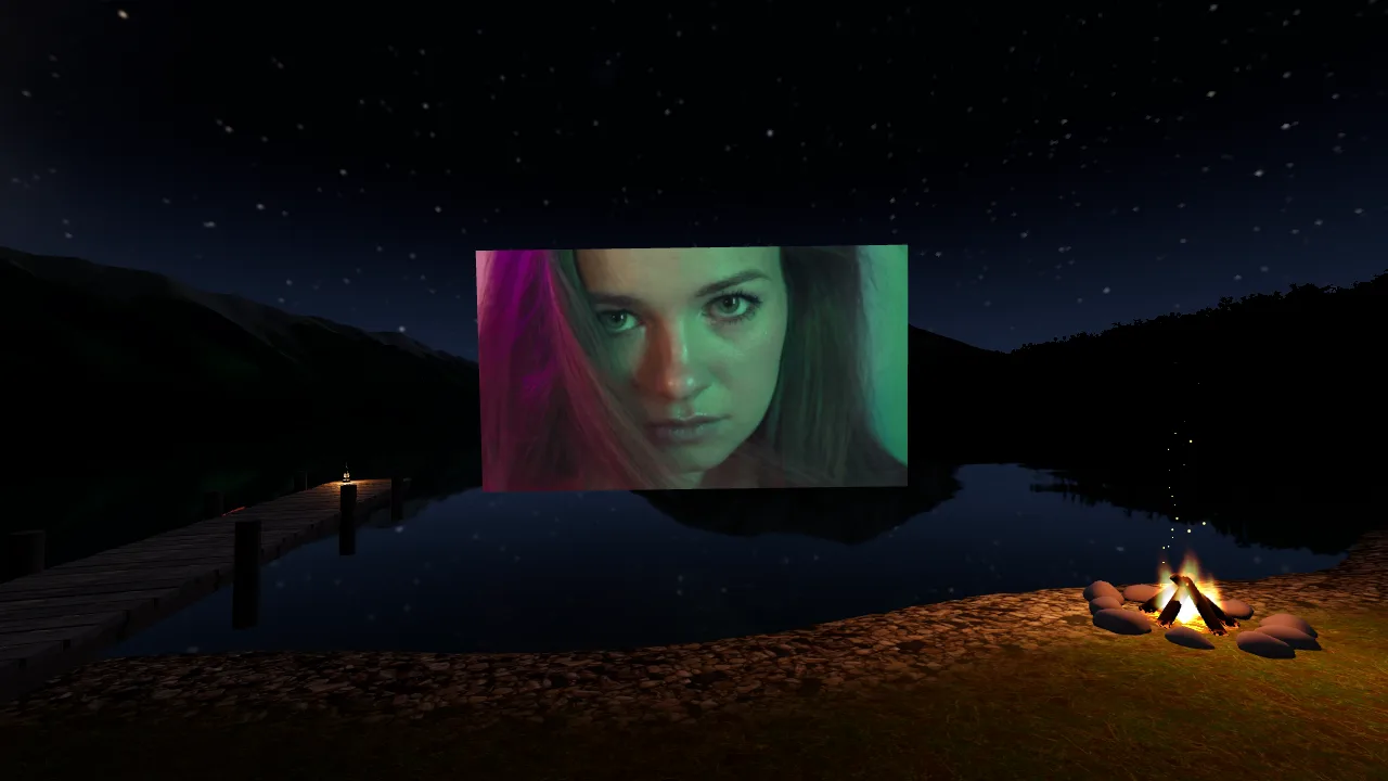 A mountain lake at night under a starry sky, with a campfire on the shore and a 3D film on a screen above the water
