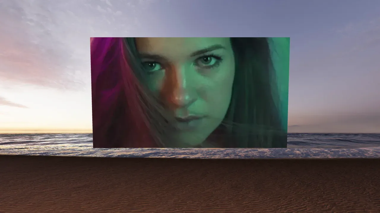 A beach at sunset with a campfire, next to a big screen showing a 3D film